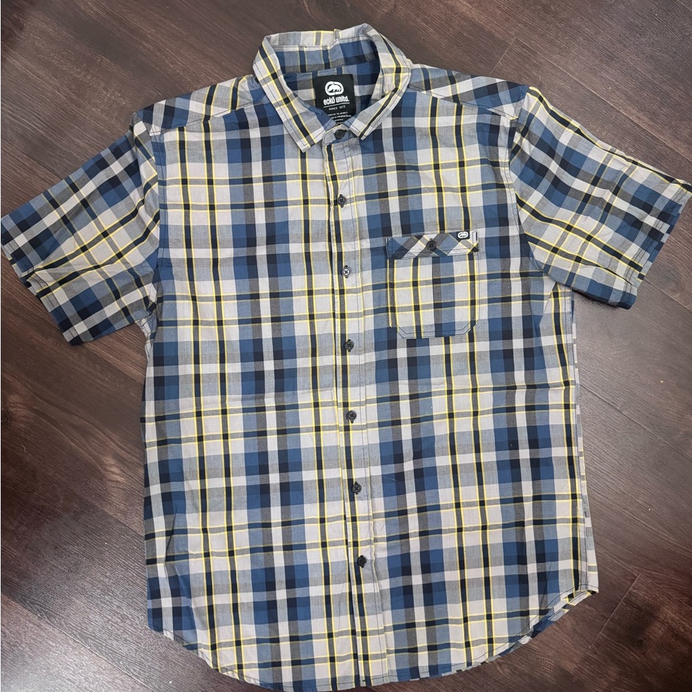 Ecko Unlimited Navy and White Plaid Button Down Shirt